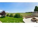 Expansive backyard with lush greenery, open space, and inviting fire pit area at 775 Longs Peak Dr, Erie, CO 80516