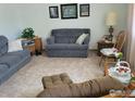 Cozy living room featuring comfortable sofas, decorative wall art, and ample seating at 1918 Sumac Pl, Longmont, CO 80501