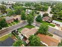 High angle shot displays an idyllic neighborhood featuring mature trees and quiet residential streets at 2500 Danbury Dr, Longmont, CO 80503