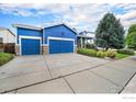 Charming blue home featuring a large driveway, manicured lawn, mature trees, and a three-car garage at 1874 Ute Creek Dr, Longmont, CO 80504