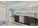 Kitchen area featuring dark cabinets, stainless steel dishwasher, and stylish backsplash with open view to living room at 2435 Calais Dr # G, Longmont, CO 80504