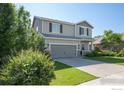 Traditional two-story house with green lawn, attached two-car garage, and mature trees in a suburban neighborhood at 1416 Monroe Ct, Longmont, CO 80501