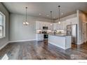 Modern kitchen boasts stainless steel appliances, island, granite countertops and stylish pendant lighting at 210 High Point Dr, Longmont, CO 80504