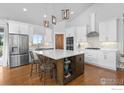 Spacious kitchen featuring a large island, stainless steel appliances, and hardwood floors at 505 Nesting Eagles Way, Berthoud, CO 80513