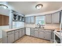 Well-lit kitchen with gray cabinets, white backsplash, and modern sink at 131 E 15Th Ave, Longmont, CO 80504