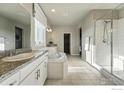 Spacious bathroom with double vanity, soaking tub, glass-enclosed shower, and walk-in closet at 4825 Basalt Ridge Cir, Castle Rock, CO 80108