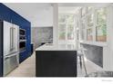 Modern kitchen features custom blue cabinets, stainless appliances, and a large island for cooking at 580 Pleasant St, Boulder, CO 80302