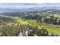 Beautiful aerial view of the house nestled in a lush green neighborhood surrounded by trees at 2023 Mammoth Ct, Evergreen, CO 80439