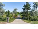 Long paved driveway lined with mature trees leading to the property and gate at 5575 Saint Vrain Rd, Longmont, CO 80503