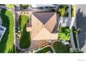 A bird's-eye view of the home showcasing its roof, lawn, landscaping, fenced yard, and surrounding neighborhood at 1365 15Th Ave, Longmont, CO 80501