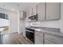 Stylish kitchen features gray cabinets, stainless steel appliances, and granite countertops at 22133 E 38Th Pl, Aurora, CO 80019