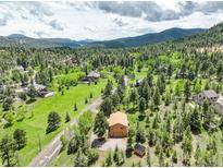 Gorgeous aerial view of mountain property surrounded by lush greenery and mature trees at 31150 Manitoba Dr, Evergreen, CO 80439
