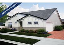 Under construction charming single-story home with white siding, gray accents, attached garage, and manicured lawn at 21917 E 51St Dr, Aurora, CO 80019