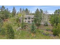 Charming home nestled among trees on a landscaped hillside featuring a stone retaining wall at 787 W Meadow Rd, Evergreen, CO 80439