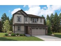 Charming two-story home features a stone-accented facade, attached two-car garage, and landscaped front yard at 8339 Snake River St, Littleton, CO 80125