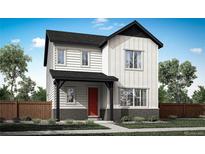Charming two-story home featuring white siding, black trim, a covered porch, and a vibrant red front door at 5770 N Jebel Way, Aurora, CO 80019