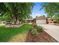 Charming brick ranch home with attached garage, lush landscaping, and mature shade tree at 5490 E Kentucky Ave, Denver, CO 80246