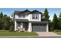 Charming two-story home with gray garage door and a beautifully landscaped front yard at 7759 S Cherokee Trl, Centennial, CO 80016