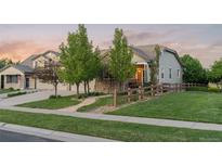 Inviting single Gathering home with a well manicured lawn and lush trees enhancing its curb appeal at 16815 E Prairie Goat Ave, Parker, CO 80134