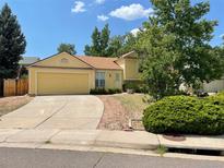 Charming yellow home featuring a two-car garage, lush landscaping, and a well-maintained front yard at 5745 S Quatar Ct, Centennial, CO 80015