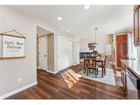 Sunlit dining area with wood table and chairs next to a storage closet at 4774 Coker Ave, Castle Rock, CO 80104