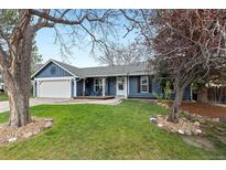Charming single-story home featuring a well-manicured lawn, blue siding, and inviting front porch at 20908 E Dorado Cir, Centennial, CO 80015