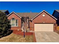 Charming red brick home featuring an attached two-car garage and a well-maintained front yard at 10256 Riverstone Dr, Parker, CO 80134