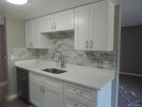 Bright kitchen features white cabinets, stainless steel appliances, and stylish marble backsplash at 9887 E Peakview Ave # F06, Englewood, CO 80111