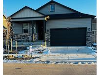 Gray two-story house with a black garage door and landscaping at 4680 Thistle Dr, Brighton, CO 80601