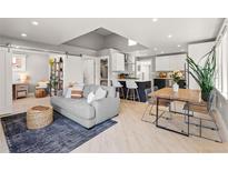 Bright, open-concept living room with modern furnishings, a large couch, and a spacious kitchen area at 2517 W 44Th Ave, Denver, CO 80211