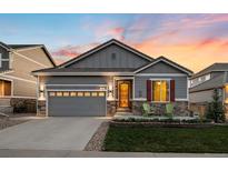 Charming single-story home with gray siding, stone accents, and a well-manicured front yard at 8048 Grady Cir, Castle Rock, CO 80108