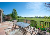 A flagstone patio with table and chairs overlooks a lush green lawn and open space on a sunny day at 14246 Piney River Rd, Broomfield, CO 80023
