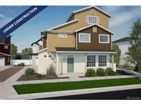 Modern two-story home with mixed siding, manicured lawn, and a welcoming light green front door at 22063 E 38Th Pl, Aurora, CO 80019