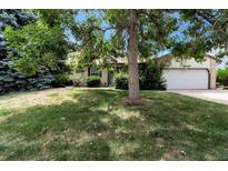 Traditional single-Gathering home featuring mature landscaping, a two-car garage, and a well-maintained lawn at 14598 E Evans Ave, Aurora, CO 80014
