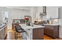 Bright kitchen featuring a large island with seating, stainless steel appliances and modern white cabinets at 1216 Perry St, Denver, CO 80204