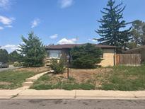 Ranch-style brick home with a well-maintained lawn and mature trees at 588 Empire St, Aurora, CO 80010