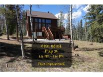 Charming two-story cabin home with natural landscaping and open house invitation at 10438 Sunlight Ln, Conifer, CO 80433
