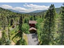 Secluded cabin-style home nestled amongst towering trees with a driveway, promising privacy and scenic views at 10438 Sunlight Ln, Conifer, CO 80433