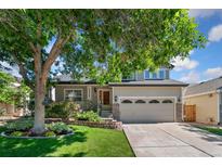 Charming exterior with a well-maintained lawn, mature tree and attached two car garage at 6055 W Progress Ave, Littleton, CO 80123