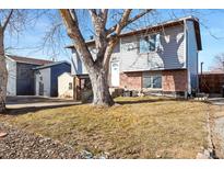 Charming two-story home featuring gray siding, brick accents, and a well-maintained front yard at 221 Jackson Ave, Firestone, CO 80520