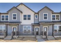 Charming townhome with light blue siding and a covered front porch at 6562 Arbor Blvd # 3, Thornton, CO 80602