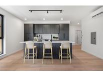 Modern kitchen with a large island, sleek dark cabinetry, and stainless steel appliances at 1601 Park Ave # 307, Denver, CO 80218