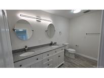 Bright bathroom features dual sinks, granite countertop, modern lighting, and a neutral color palette at 100 E Highline Cir # 307, Centennial, CO 80122