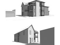 A modern two-story home showcasing a multi-level balcony, large windows, and a detached garage at 781 Kearney St, Denver, CO 80220