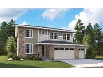 Two-story home with stone and siding, attached two-car garage, and well-manicured lawn at 5628 Riverbend Ave, Firestone, CO 80504