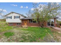 Quaint split-level home featuring a charming brick facade, lush lawn, mature tree, and inviting front entrance at 541 Yucca Hills Rd, Castle Rock, CO 80109