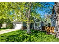 Well-maintained home featuring a lush green lawn, mature trees, and an attached two car garage at 11335 Haswell Dr, Parker, CO 80134