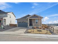 Charming single-story home with a two-car garage, manicured lawn, and inviting front porch at 1110 Black Saddle St, Elizabeth, CO 80107