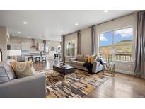 Bright living room with hardwood floors, stylish rug, and an open-concept design into the kitchen at 10659 Montecito Dr, Lone Tree, CO 80124