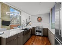 Kitchen featuring stainless steel appliances, sleek countertops, and a large window at 1050 Cherokee St # 403, Denver, CO 80204